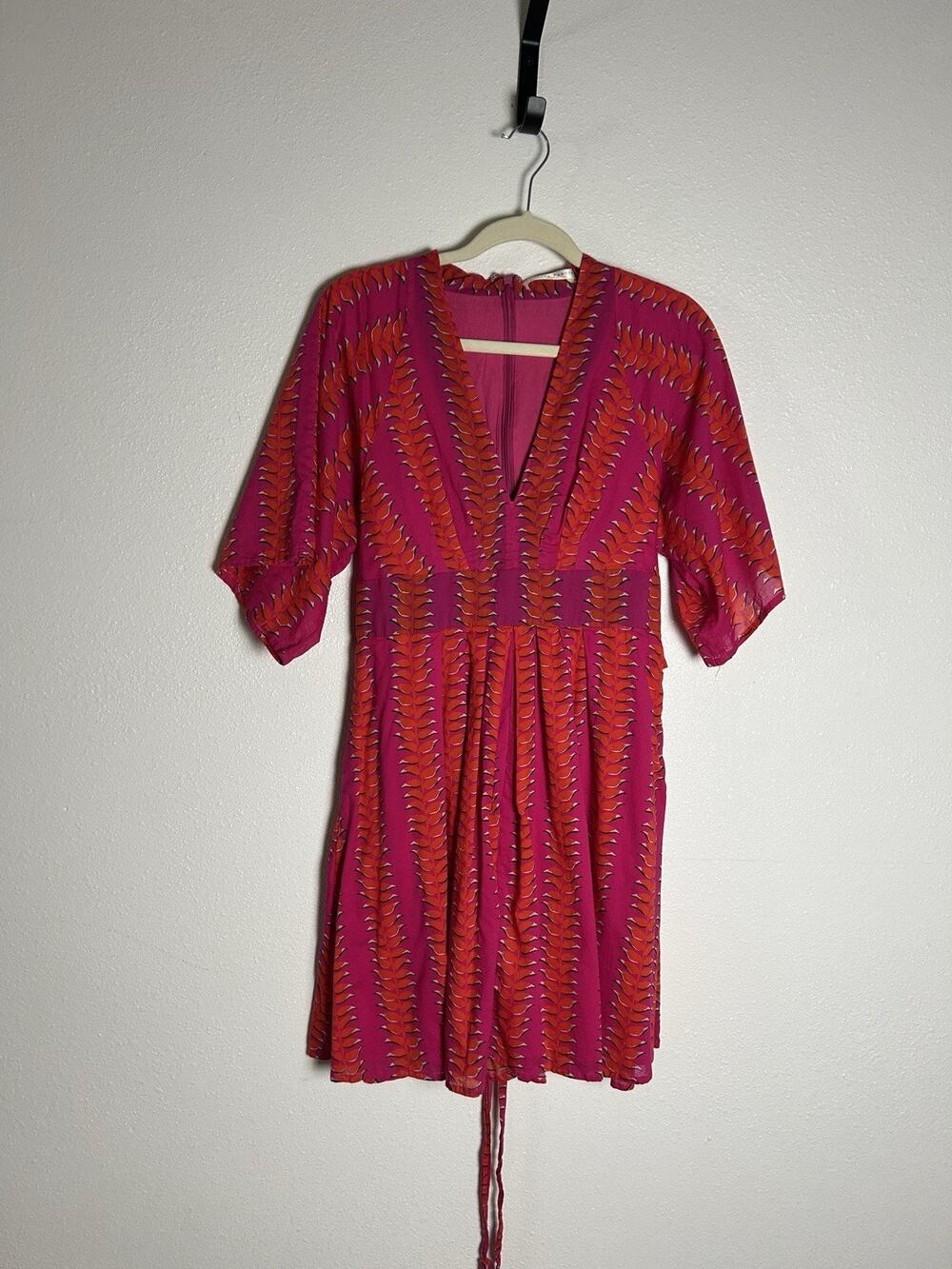 eShakti Vibrant Pink and Orange Leaves Fit and Flare Tie Back Dress Size M